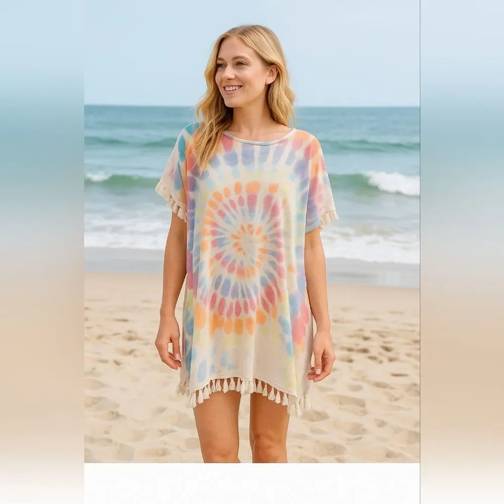 Tie Dye Swim Suit Cover Up Medium Fringe Cape Festival Boho Hippie Red Orange Ye